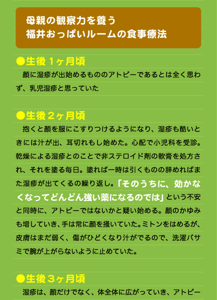 母親の観察力を養う 　福井おっぱいルームの食事療法  ●生後1ヶ月頃 　顔に湿疹が出始めるもののアトピーであるとは全く思わず、乳児湿疹と思っていた  ●生後2ヶ月頃 　抱くと顔を服にこすりつけるようになり、湿疹も酷いときには汁が出、耳切れもし始めた。心配で小児科を受診。乾燥による湿疹とのことで非ステロイド剤の軟膏を処方され、それを塗る毎日。塗れば一時は引くものの辞めればまた湿疹が出てくるの繰り返し。「そのうちに、効かなくなってどんどん強い薬になるのでは」という不安と同時に、アトピーではないかと疑い始める。顔のかゆみも増していき、手は常に顔を掻いていた。ミトンをはめるが、皮膚はまだ弱く、傷がひどくなり汁がでるので、洗濯バサミで腕が上がらないように止めていた。  ●生後3ヶ月頃 　湿疹は、顔だけでなく、体全体に広がっていき、アトピー