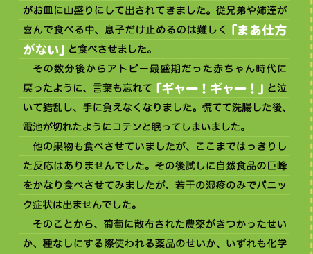 がお皿に山盛りにして出されてきました。従兄弟や姉達が喜んで食べる中、息子だけ止めるのは難しく「まあ仕方がない」と食べさせました。 　その数分後からアトピー最盛期だった赤ちゃん時代に戻ったように、言葉も忘れて「ギャー！ギャー！」と泣いて錯乱し、手に負えなくなりました。慌てて洗腸した後、電池が切れたようにコテンと眠ってしまいました。 　他の果物も食べさせていましたが、ここまではっきりした反応はありませんでした。その後試しに自然食品の巨峰をかなり食べさせてみましたが、若干の湿疹のみでパニック症状は出ませんでした。 　そのことから、葡萄に散布された農薬がきつかったせいか、種なしにする際使われる薬品のせいか、いずれも化学物質によるものではないかと推測しました。  　また、脳の症状ではないのですが、前の晩の焼き秋刀魚を朝食に食べさせた際、初めはおいしそうにパクついていたのですが、急に顔色が白くなり「お口がへん！しん